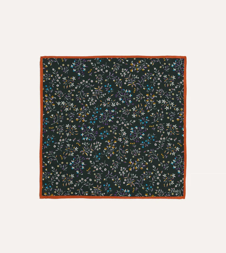 Drake's Floral Print Silk Pocket Square / Green