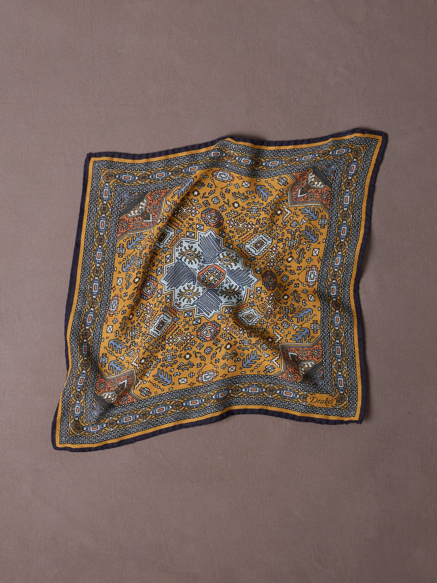 Drake's Kelim Print Wool-Silk Pocket Square / Mustard & Navy