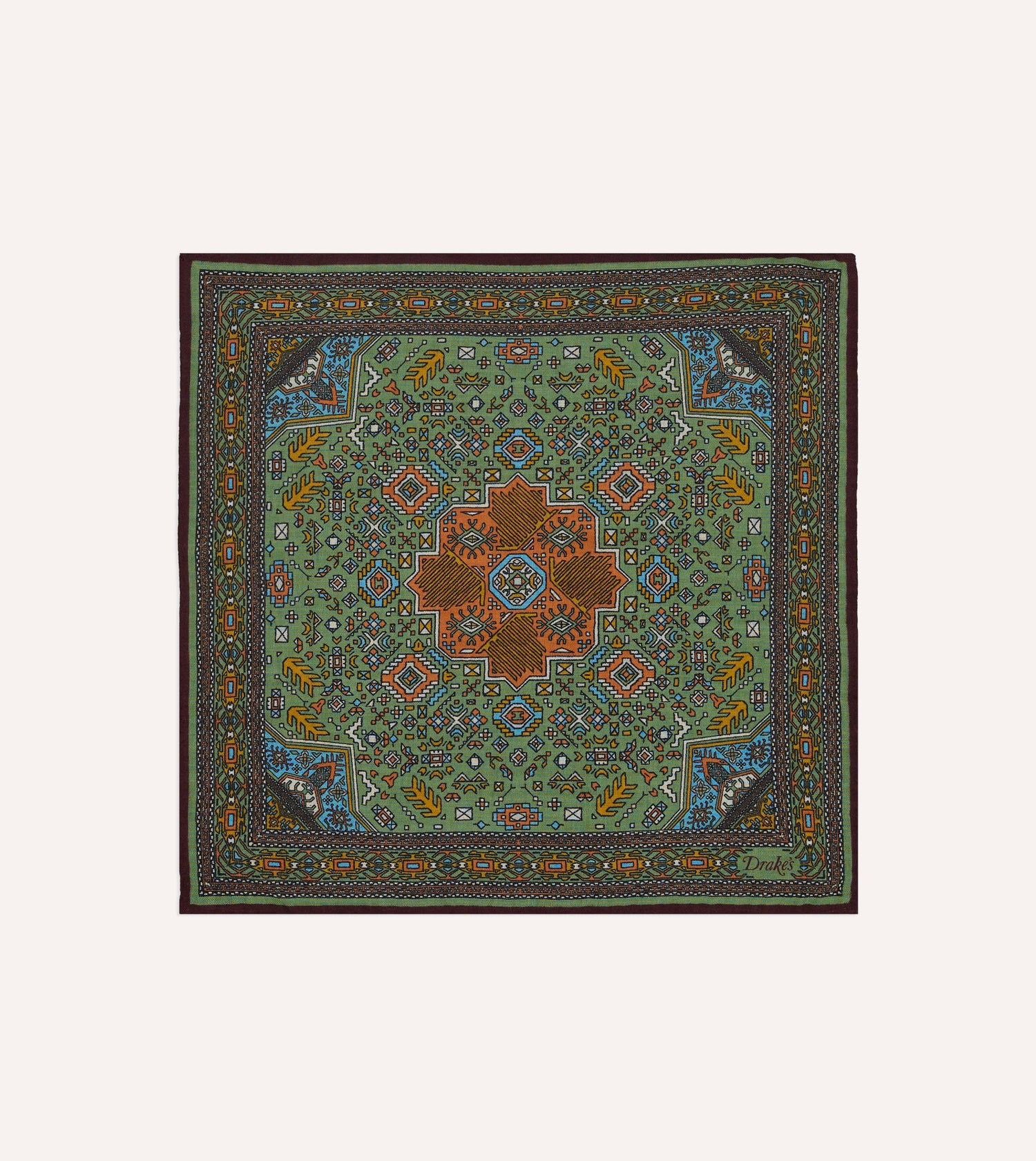 Drake's Kelim Print Wool-Silk Pocket Square / Olive & Burgundy
