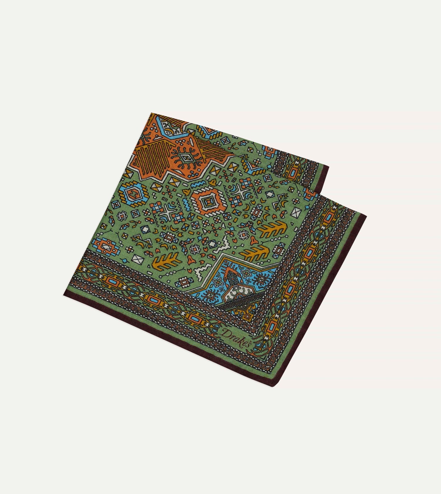 Drake's Kelim Print Wool-Silk Pocket Square / Olive & Burgundy