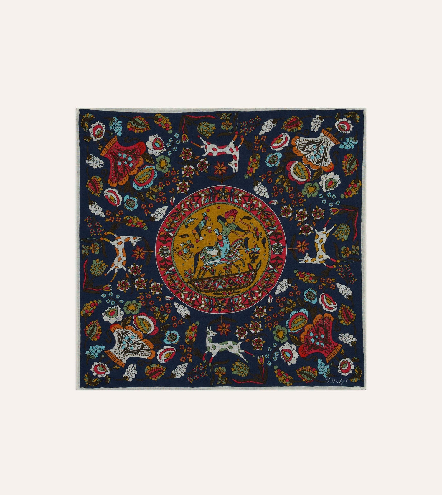 Drake's Folk Rider Wool-Silk Pocket Square / Navy