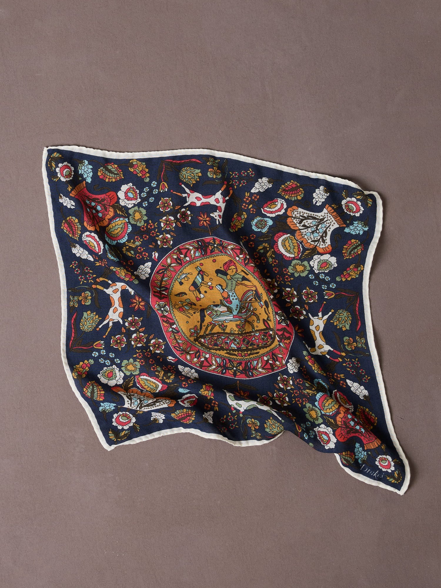 Drake's Folk Rider Wool-Silk Pocket Square / Navy