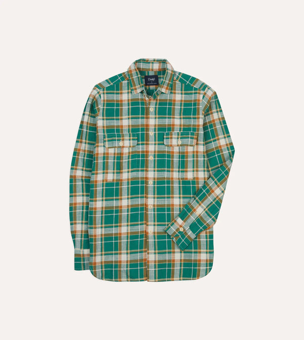 Drake's Checked Slub Cotton Two Pocket Work Shirt / Green