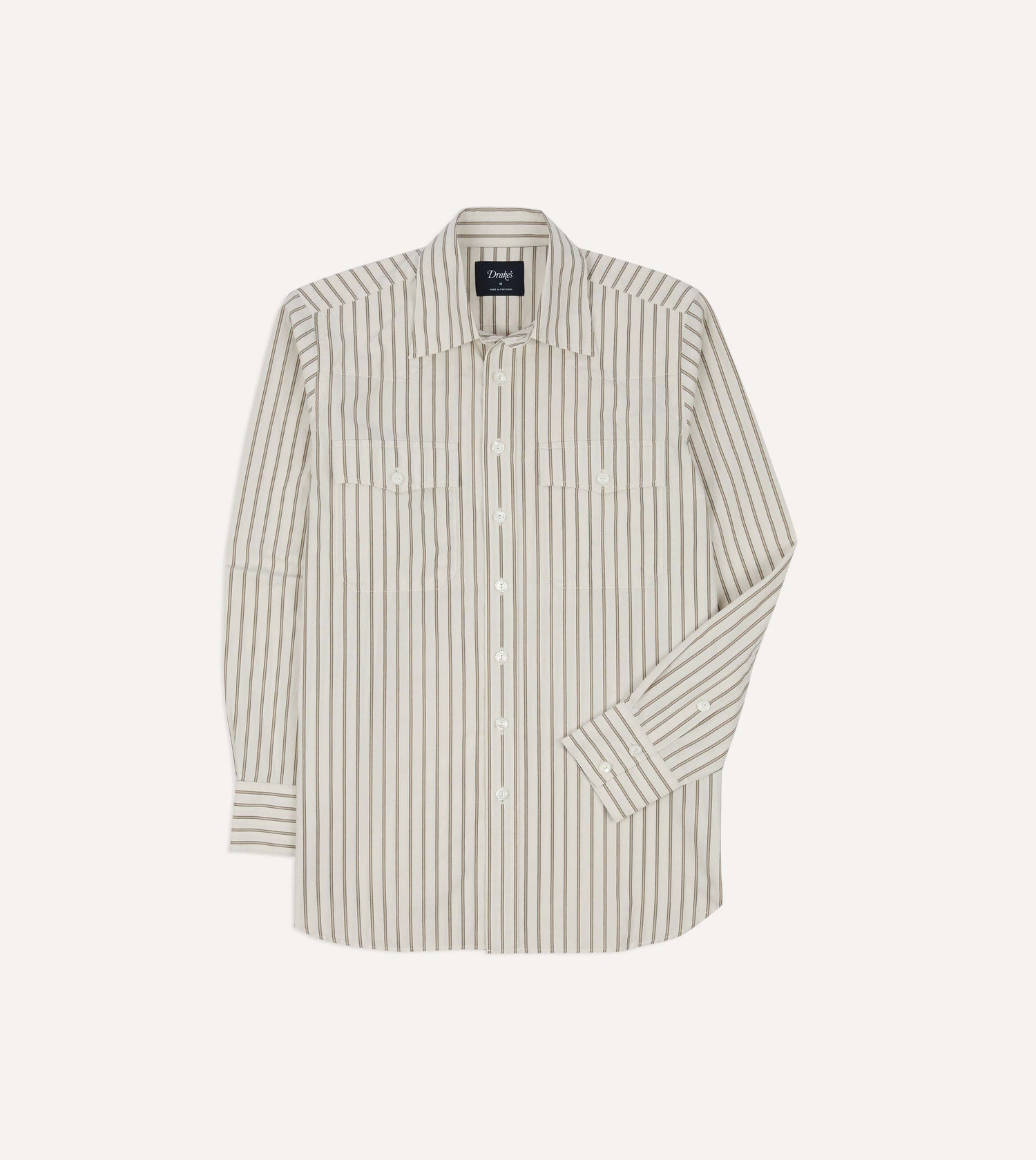 Drake's Stripe Cotton Two-Pocket Western Shirt / Ecru