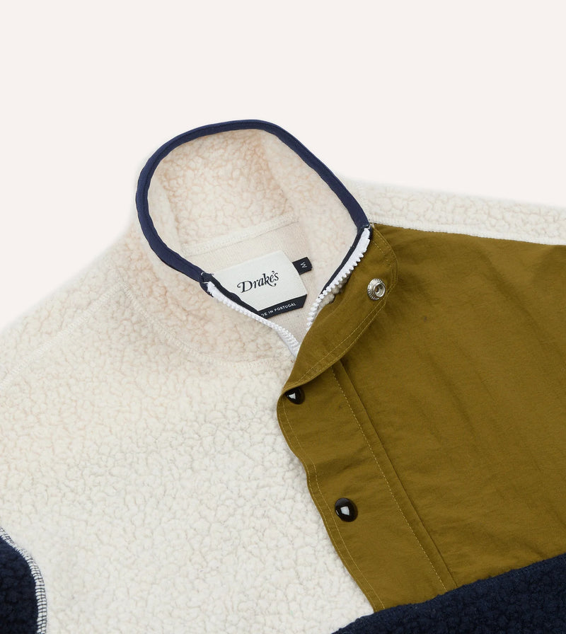 Drake's Boucle Wool Half-Zip Fleece Jacket / Navy, Ecru & Khaki