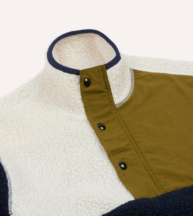 Drake's Boucle Wool Half-Zip Fleece Jacket / Navy, Ecru & Khaki