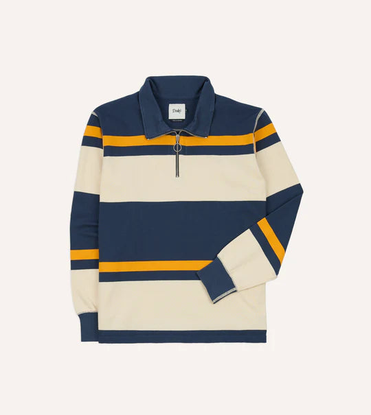 Drake's Stripe Cotton Quarter Zip Rugby Shirt / Navy & Yellow