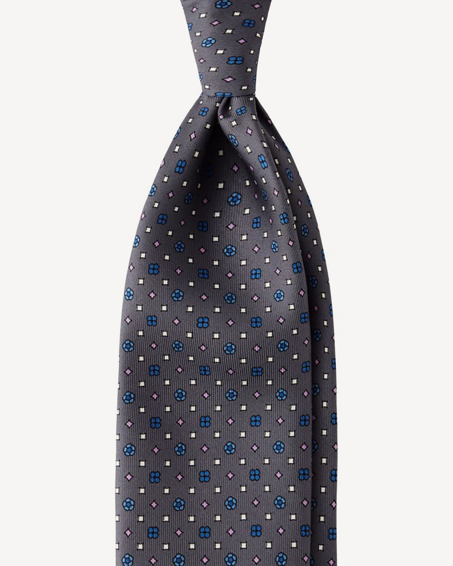 Viola Milano Floral Pattern Handprinted Selftipped Silk Tie / Grey Mix