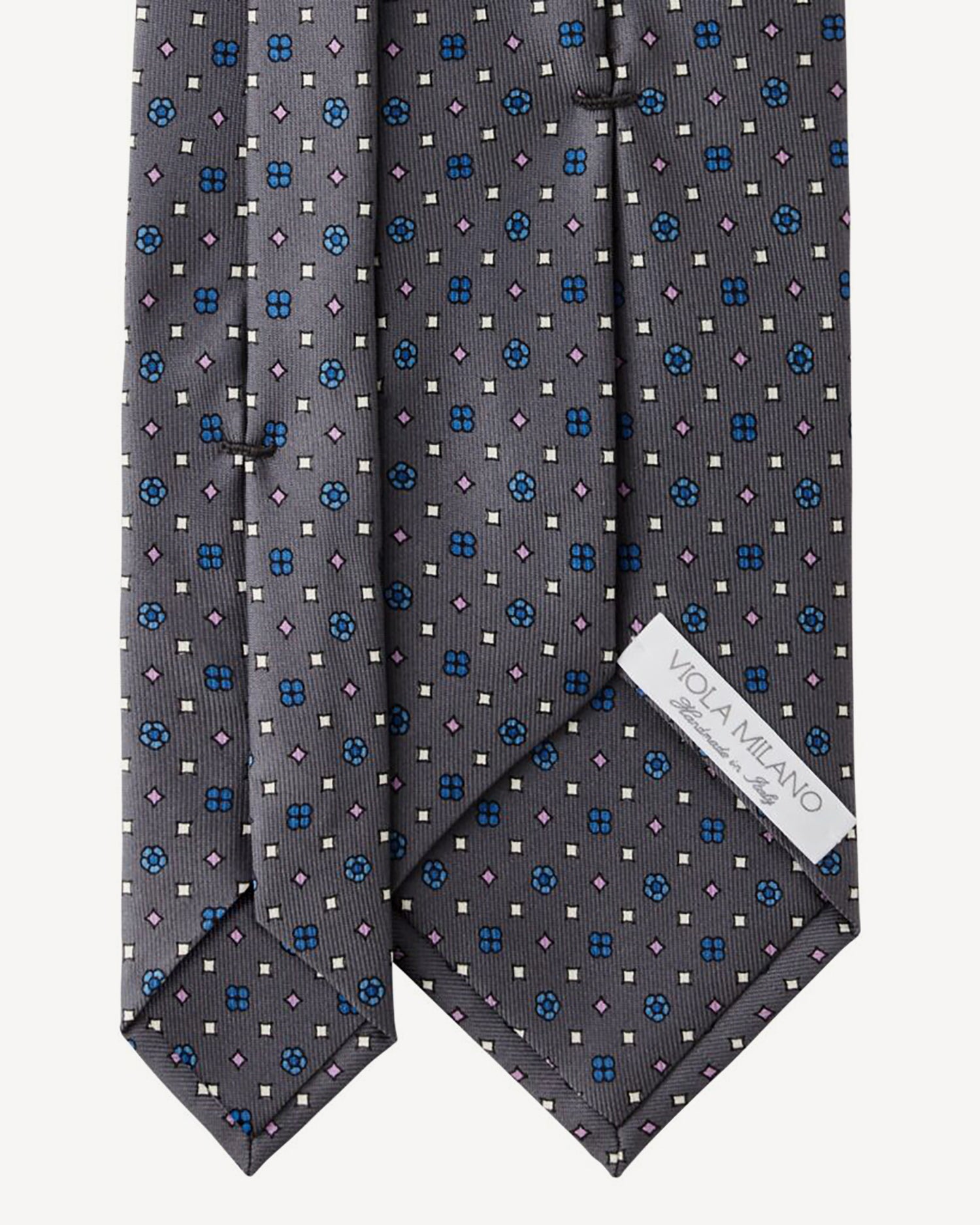 Viola Milano Floral Pattern Handprinted Selftipped Silk Tie / Grey Mix