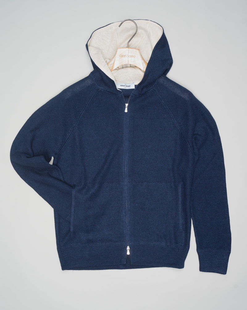 <div> <p>Introducing our Gran Sasso Hoodie - a playful blend of linen and cotton, perfect for breezy days. With a full-zip design, it's incredibly versatile and effortless to style. Stay cool and comfortable while looking effortlessly stylish in this quirky, hooded design.</p> </div> <ul> <li></li> </ul> Gran Sasso Linen & Cotton Full-Zip Hoodie / Blue
