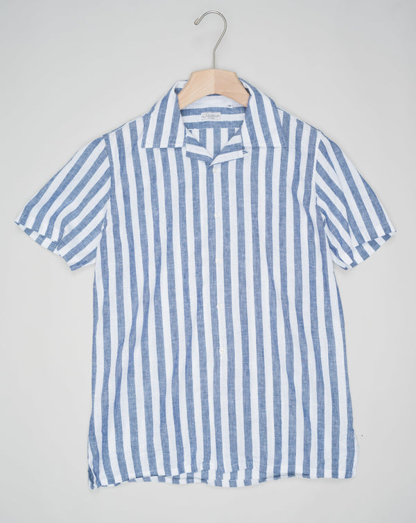 <ul> <li>Composition: 45% Cotton 55% Linen</li> <li>Article: 8831</li> <li>Color: Blue Sauma Wide Stripe Cuban Collar Shirt / Blue</li> <li>Made in Italy</li> </ul>