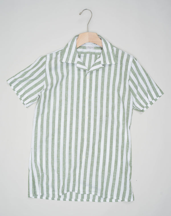 Sauma Wide Stripe Cuban Collar Shirt / Green