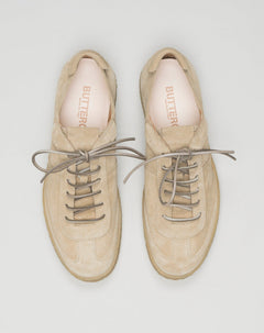 Made in Italy Crespo Sneakers. Bosco color suede. Squared leather laces. Buttero logo detailing in relief. Removable sockliner in natural leather. Sole in genuine crackle-effect rubber. Height of sole: 2.5-3.5 cm. Spare leather laces included. Style: #B10500PE GORH. Color: Taos Taupe 119
