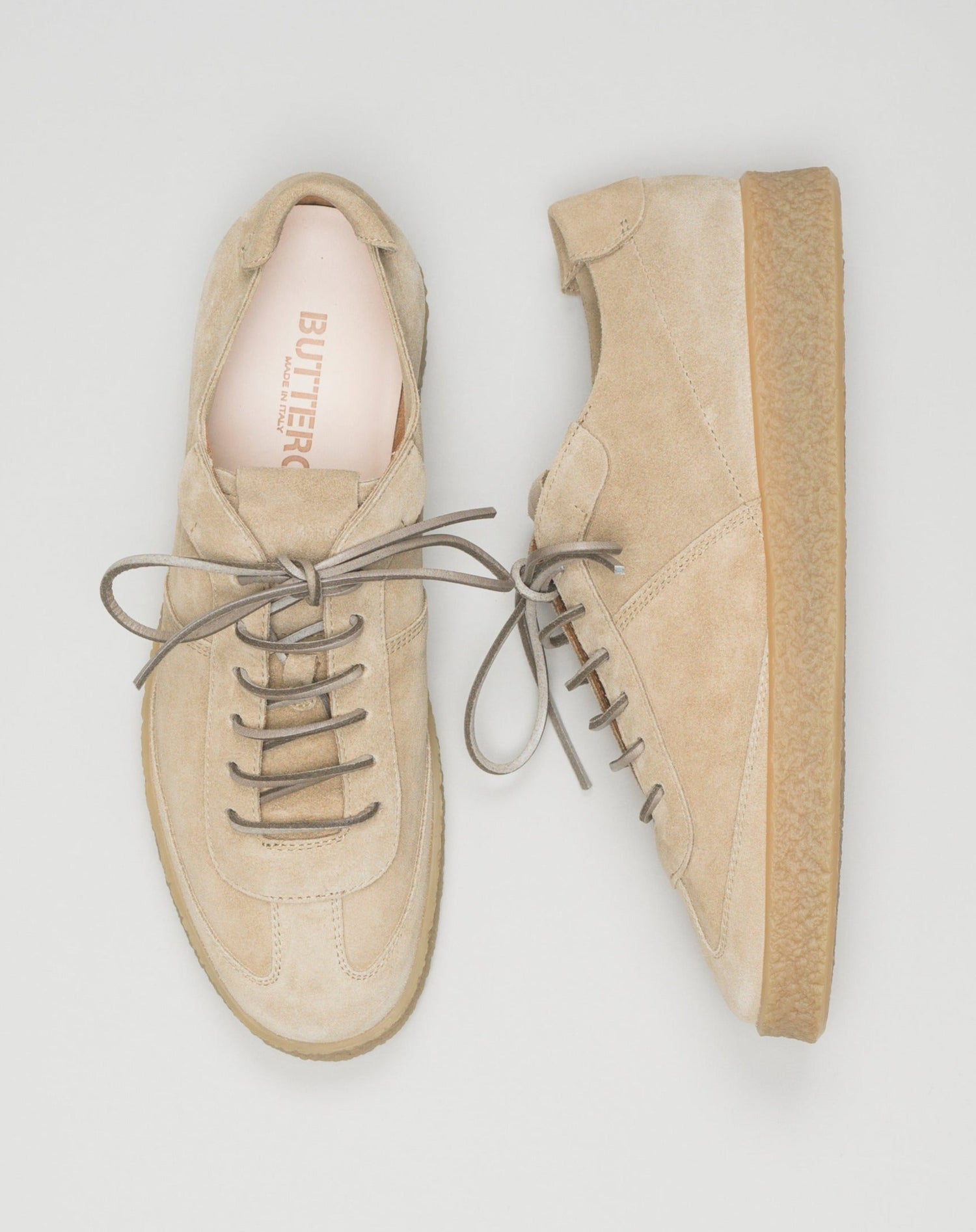 Made in Italy Crespo Sneakers. Bosco color suede. Squared leather laces. Buttero logo detailing in relief. Removable sockliner in natural leather. Sole in genuine crackle-effect rubber. Height of sole: 2.5-3.5 cm. Spare leather laces included. Style: #B10500PE GORH. Color: Taos Taupe 119