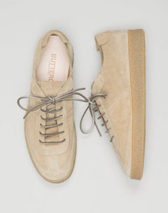 Made in Italy Crespo Sneakers. Bosco color suede. Squared leather laces. Buttero logo detailing in relief. Removable sockliner in natural leather. Sole in genuine crackle-effect rubber. Height of sole: 2.5-3.5 cm. Spare leather laces included. Style: #B10500PE GORH. Color: Taos Taupe 119