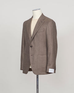 A brown single-breasted blazer displayed on a mannequin torso against a plain light gray background.