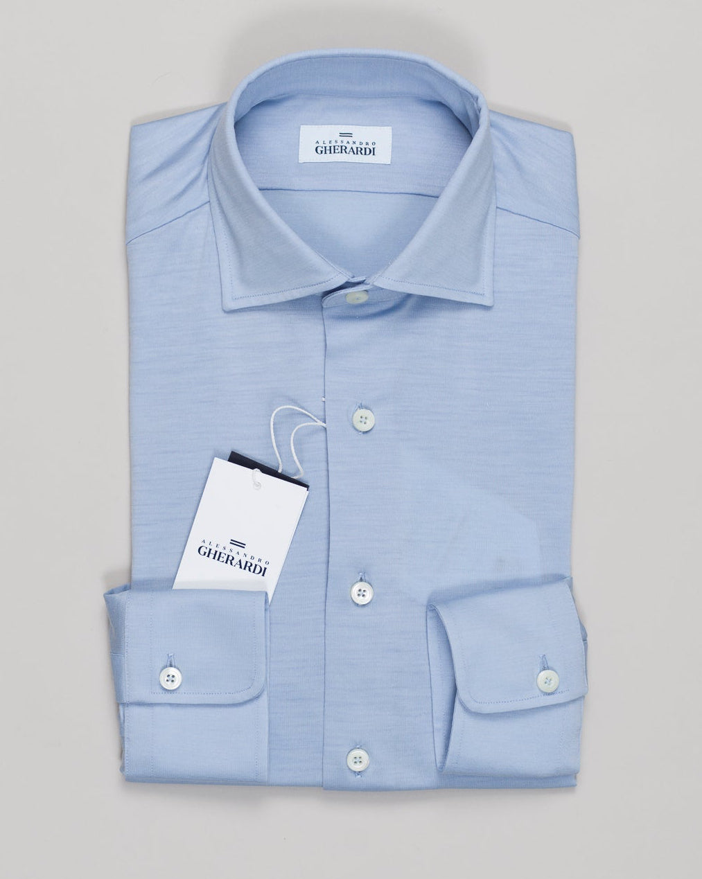 Refined merino jersey in a soft light blue. Alessandro Gherardi's signature piece combines breathability with a refined drape, ideal for layering or worn alone. Comfortable for everyday wear with the luxury feel of fine knitwear. Alessandro Gherardi Merino Jersey Shirt / Light Blue