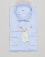 Classic pencil-striped shirt in crisp blue and white, tailored for refined everyday wear. Alessandro Gherardi's signature construction delivers sharp lines and enduring style. Premium cotton blend ensures comfort through season after season. Alessandro Gherardi Pencil Stripe Shirt / Blue &amp; White