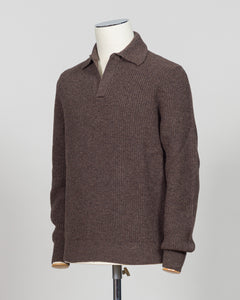 A ribbed knit polo sweater in a dark brown color, displayed on a white mannequin torso against a light gray background.  A refined ribbed polo in deep brown. Gran Sasso's signature knit construction offers subtle texture and timeless appeal. Perfect layered or worn alone for effortless sophistication. Gran Sasso Ribbed Polo / Brown