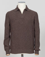A dark brown ribbed knit polo sweater displayed on a white mannequin torso against a light gray background.  A refined ribbed polo in deep brown. Gran Sasso's signature knit construction offers subtle texture and timeless appeal. Perfect layered or worn alone for effortless sophistication. Gran Sasso Ribbed Polo / Brown