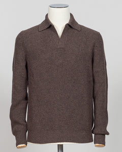 A dark brown ribbed knit polo sweater displayed on a white mannequin torso against a light gray background.  A refined ribbed polo in deep brown. Gran Sasso's signature knit construction offers subtle texture and timeless appeal. Perfect layered or worn alone for effortless sophistication. Gran Sasso Ribbed Polo / Brown