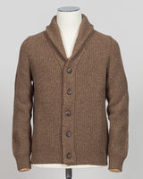 A brown ribbed knit cardigan sweater with a shawl collar and dark buttons, displayed on a white mannequin torso against a light gray background.