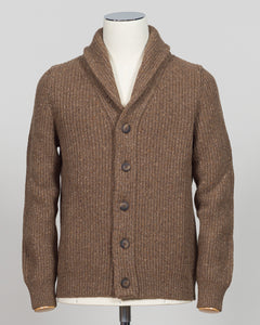 A brown ribbed knit cardigan sweater with a shawl collar and dark buttons, displayed on a white mannequin torso against a light gray background.