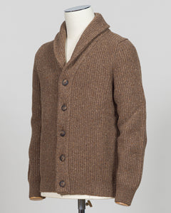 A brown ribbed knit cardigan sweater with a shawl collar and dark buttons, displayed on a cream mannequin torso against a light gray background.