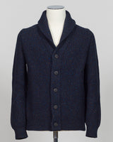 A dark navy blue ribbed knit cardigan sweater with a shawl collar and front buttons, displayed on a white mannequin torso against a light gray background.