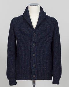 A dark navy blue ribbed knit cardigan sweater with a shawl collar and front buttons, displayed on a white mannequin torso against a light gray background.