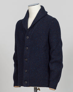 A dark navy blue knit polo sweater with subtle multicolor flecks, displayed on a white mannequin torso against a light gray background.