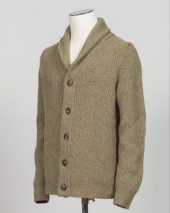 A ribbed knit shawl collar cardigan sweater in a heathered olive-brown tweed fabric, displayed on a white mannequin torso against a light gray background.
