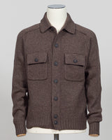 A brown knit button-front cardigan sweater with a collar and two flap chest pockets, displayed on a mannequin torso against a light gray studio background.