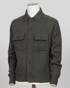 A dark green knit cardigan jacket displayed on a white mannequin torso against a light gray background.