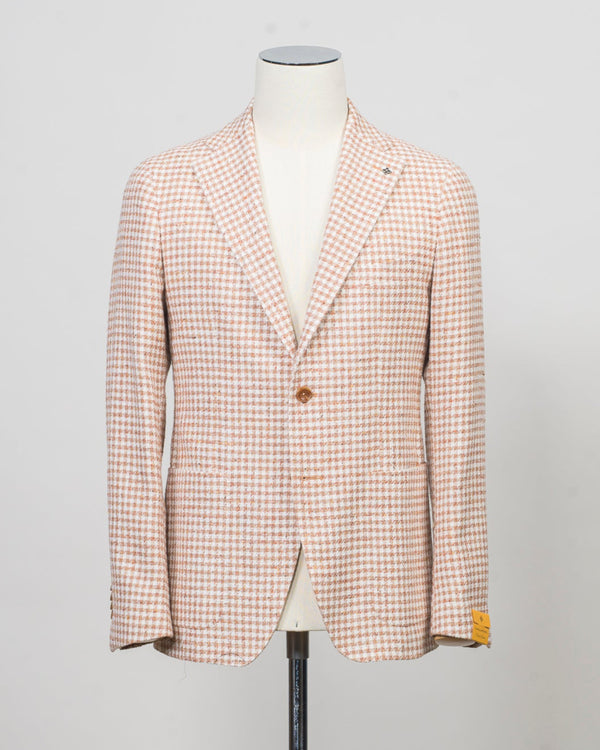 Composition: 79% Cotton 9% Silk 5% Linen 4% Virgin wool 2% Viscose 1% Elastan
Modello: Monte Carlo / 1SMC22K
Color: Orange &amp; White / EO963
Unconstructed shoulder
Unlined
2 Buttons

Notch lapel
Patch pockets
Side vents
Made in Martina Franca, Italy