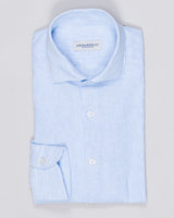 Cutaway collar
Curved hem
Plain placket
55% linen 45% cotton
Art. 2113
Mod. L62
Color: 04 Light Blue &amp; White Ghirardelli Thin Stripe Linen &amp; Cotton Shirt / Light Blue &amp; White