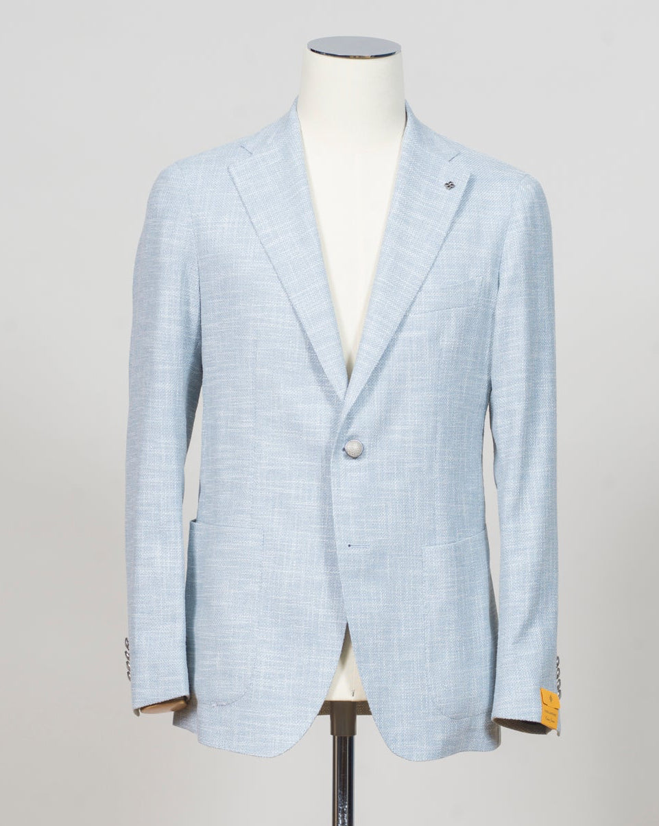 Single breasted
Notch lapels
Welted chest pocket
Patch side pockets
Unconstructed shoulder
Unlined
4 sleeve buttons
Model: 1SHO22KK--
Art. C90057 U
Col EI919
48% virgin wool, 24% silk, 20% cotton, 5% polyamide, 3% elastane
Made in Italy Tagliatore Hopsack Jacket / Light Blue