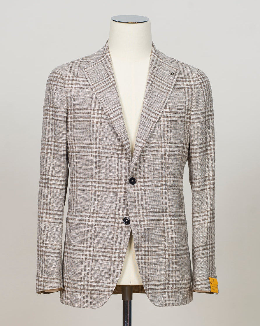Single breasted
Notch lapels
Welted chest pocket
Patch side pockets
Unconstructed shoulder
Unlined
4 sleeve buttons
Model: 1SHO22KK--
Art. C90060 Q
Col ET900
48% virgin wool, 24% silk, 20% cotton, 5% polyamide, 3% elastane
Made in Italy Tagliatore Glencheck Jacket / Taupe