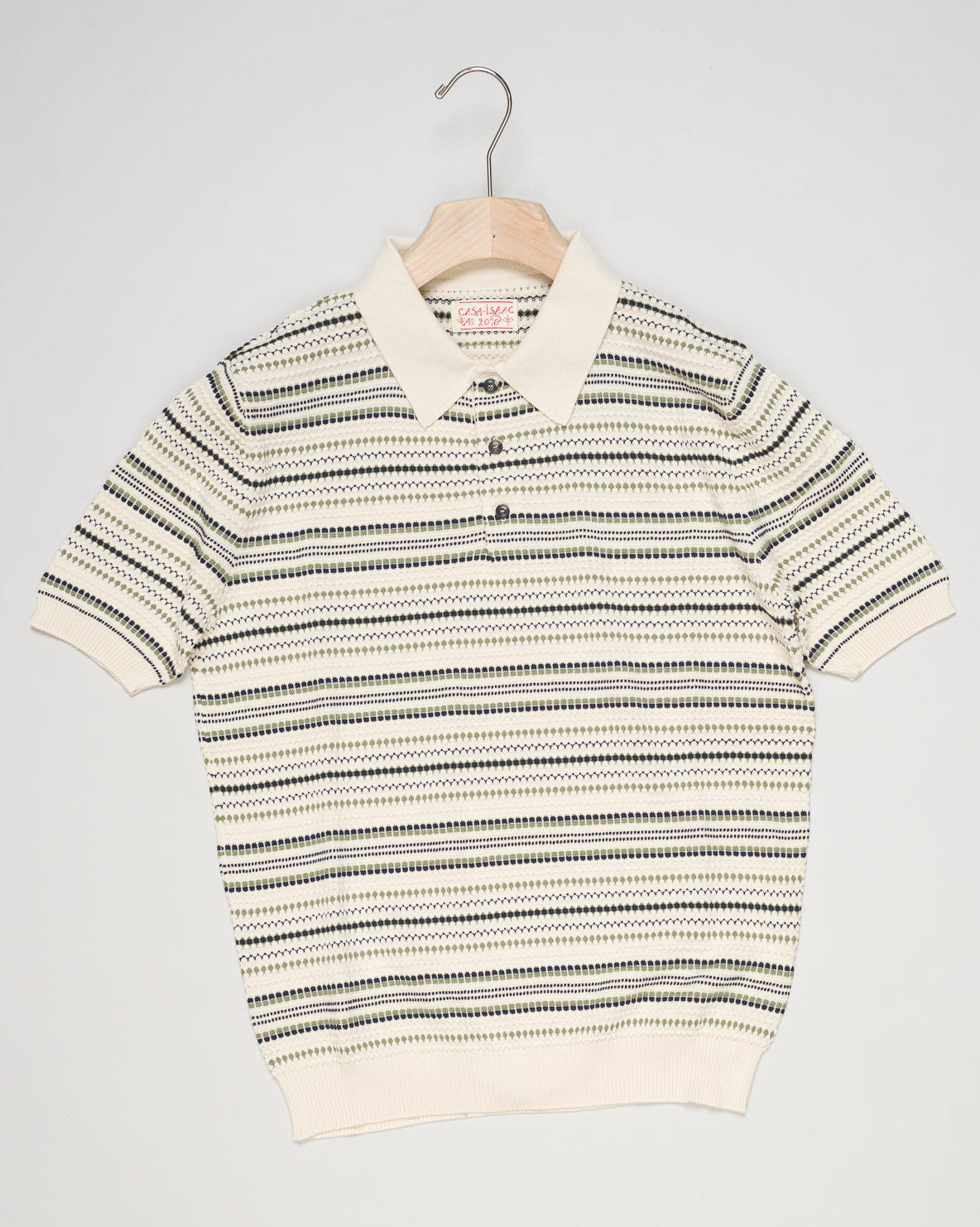 Short sleeve polo shirt in cotton from Maglificio G.R.P. 1973 Firenze
Composition: 100% Gassed Cotton
Short Sleeves
3 Buttons
Article: FOLK1 PSSGS42III
POLO S/S
Color: ECRU with Navy and green detailing
Made in Italy G.R.P. Firenze CASA-ISAAC Folk Polo / Ecru