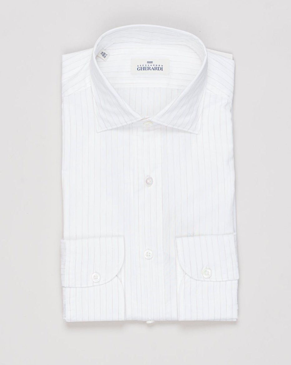 Composition: 100% Cotton
Mother of pearl buttons
Article: 7613 020
Model: Regentsoft
Color: Beige & White
Made in Italy Alessandro Gherardi Narrow Stripe Cotton Shirt / Beige & White