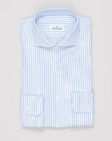 Composition: 66% Cotton 34% Linen
Mother of pearl buttons
Article: 7640 620
Color: Light Blue &amp; White
Made in Italy Alessandro Gherardi Cotton &amp; Linen Shirt / Light Blue &amp; White