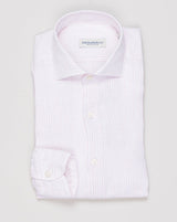 Cutaway collar
Curved hem
Plain placket
100% linen
Art. N2120
Mod. L62
Color: Pink &amp; White Ghirardelli Striped Linen Shirt / Pink &amp; White