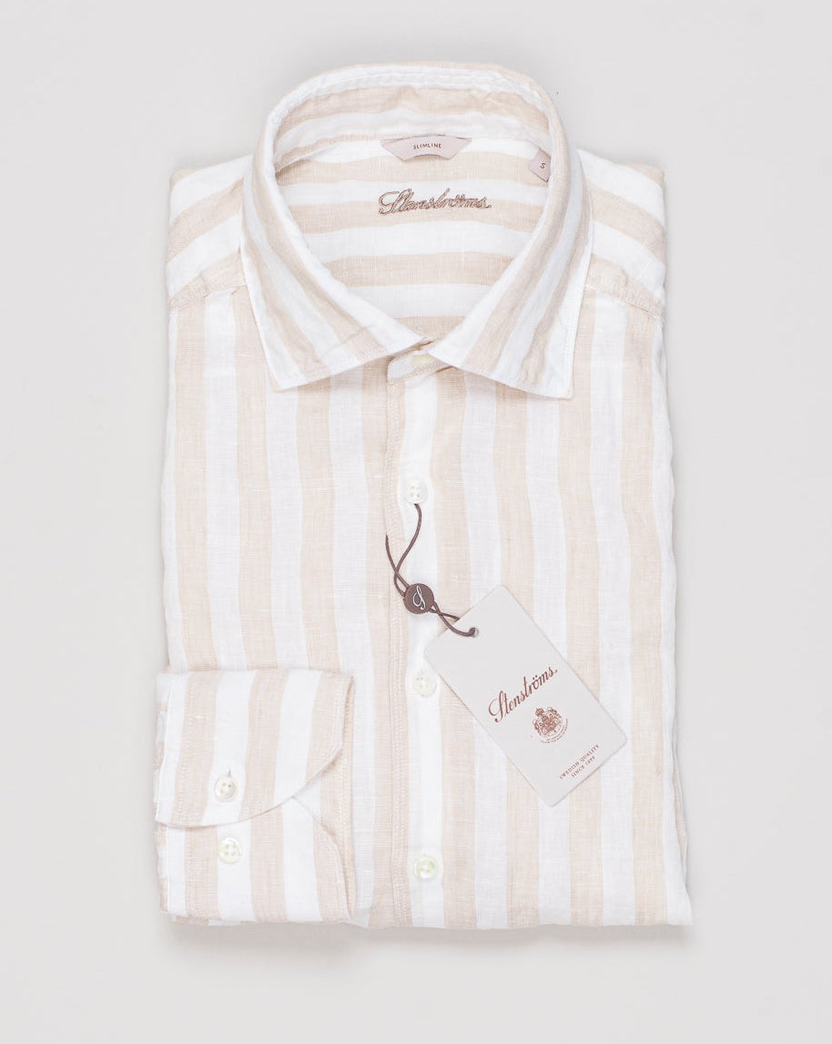 Art. 7747219194
Col. 222
Slimline
100% Linen
Garment washed Stenströms Block Stripe Linen Shirt / Light Brown & White
