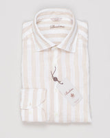 Art. 7747219194
Col. 222
Slimline
100% Linen
Garment washed Stenströms Block Stripe Linen Shirt / Light Brown &amp; White