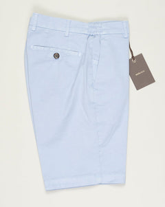 Model: ber_muda elax-GD
Article: ts0001x
Composition:&nbsp;98% Cotton, 2% Elastane
Color: Light Blue / Lt Azzurro 75&nbsp;
Made in Martina Franca, Italy Berwich Garment Dyed Cotton Shorts / Light Blue