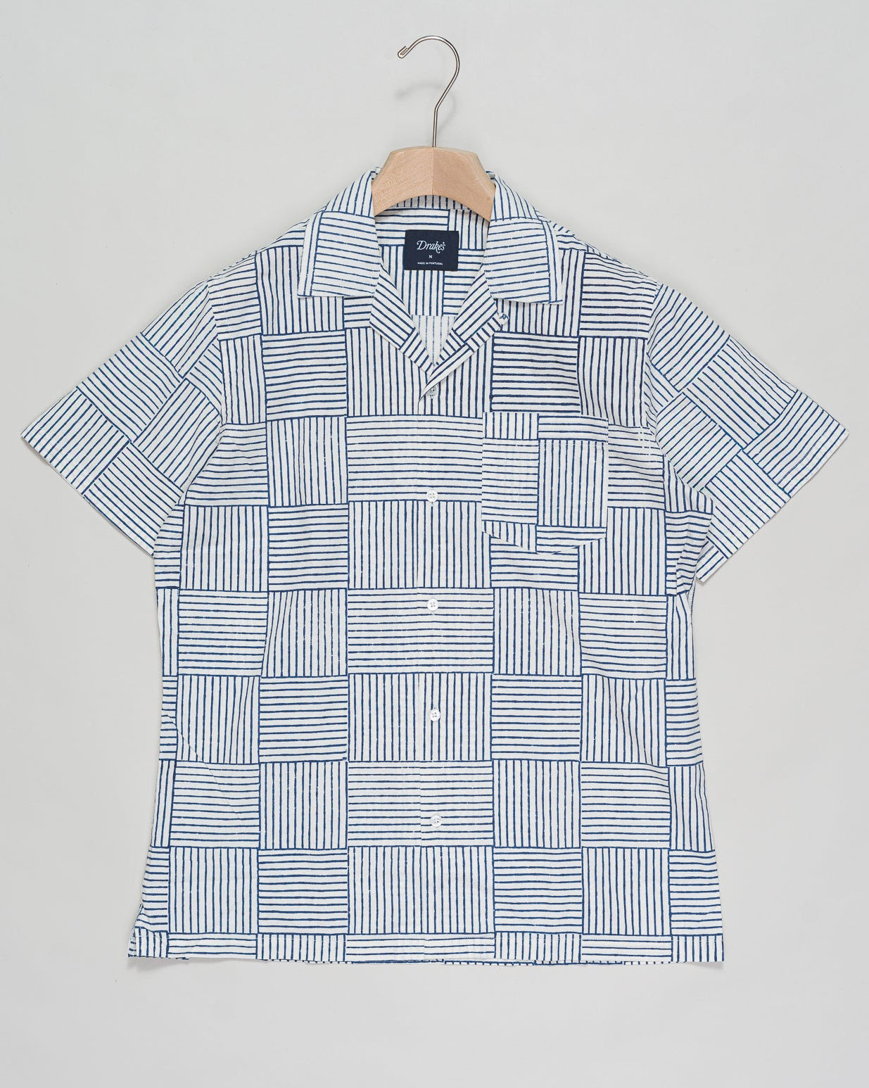Drake's Weave Block Print Camp Collar Shirt / Navy & White