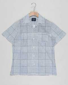 Drake's Weave Block Print Camp Collar Shirt / Navy & White