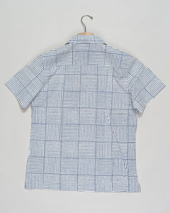 Drake's Weave Block Print Camp Collar Shirt / Navy & White