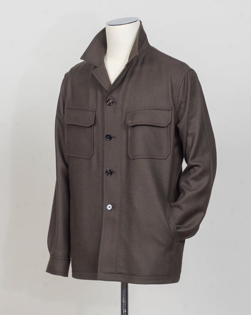 Model: G-Calvin
Art. 160069
Col. M1333 Marrone&nbsp;
Bot 51M
100% Virgin Wool&nbsp;
Heavy twill
Made in Martina Franca, Italy Tagliatore Wool Overshirt / Dark Brown