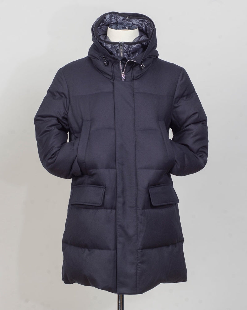 Outer fabric: 100% Virgin Wool by Vitale Barberis Canonico
Lining 1: 100% Polyester
Lining 2: 100% Polyamide
Filling: 90% Down 10% Feathers
Color: Navy / 89
Article: F09MUCX501
Snap buttons Montecore VBC Wool Down Coat / Navy
